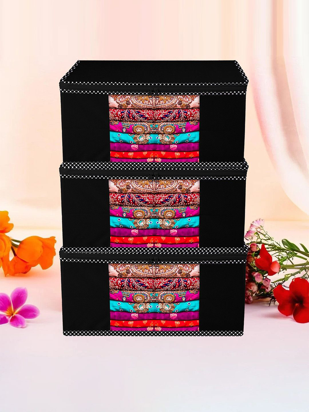 Kuber Industries Black & White 3 Pieces Printed Border Saree Cover With Zip