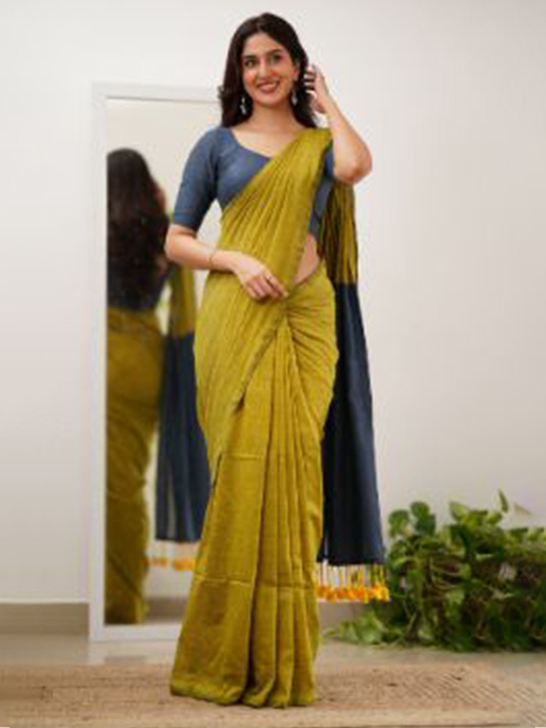 Sutisancha Lime Half Gray Pallu Handloom Cotton Saree