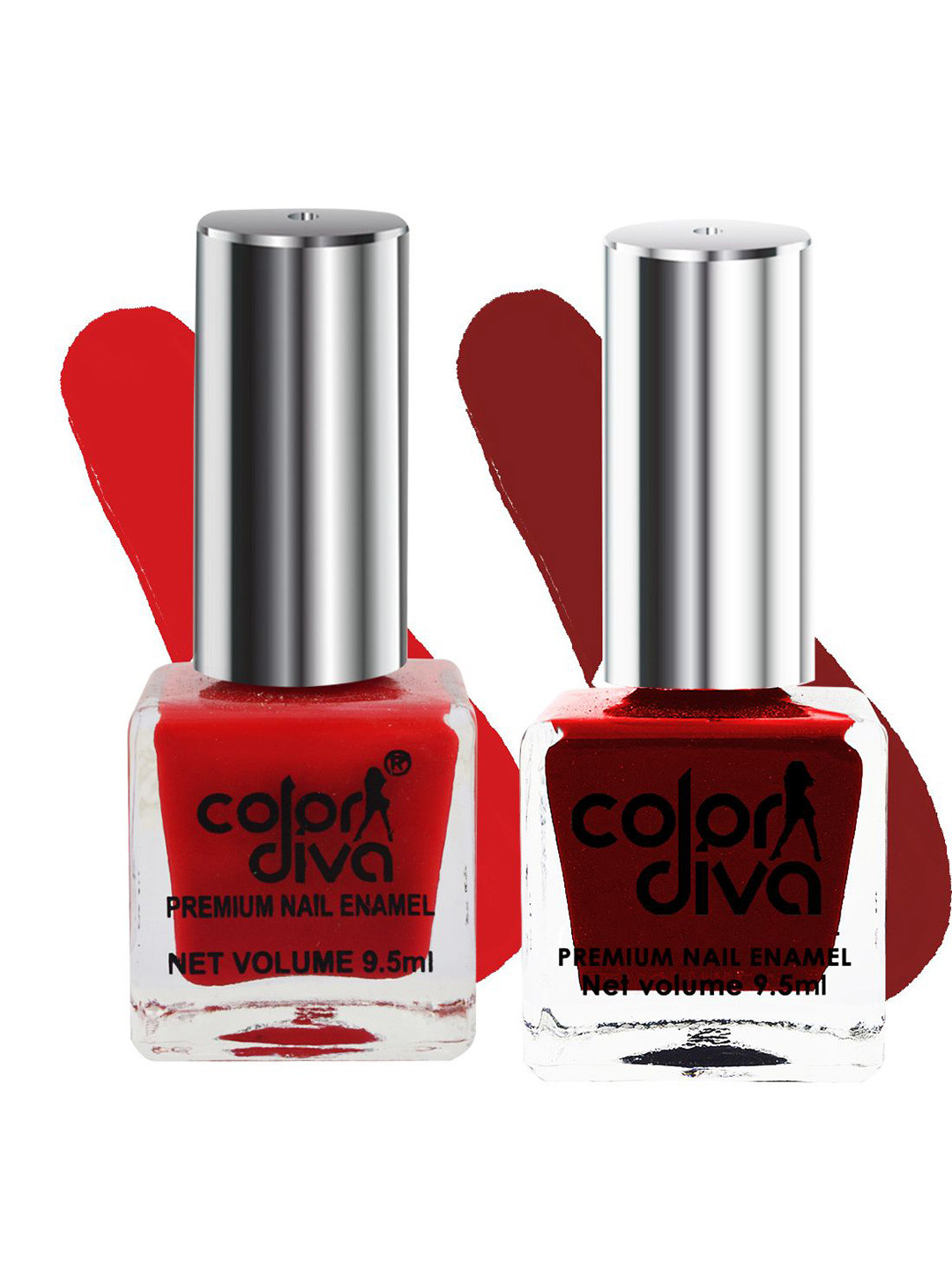 Color Diva Set Of 2 Long Lasting Nail Enamel - 9.5 ml Each - Red & Maroon