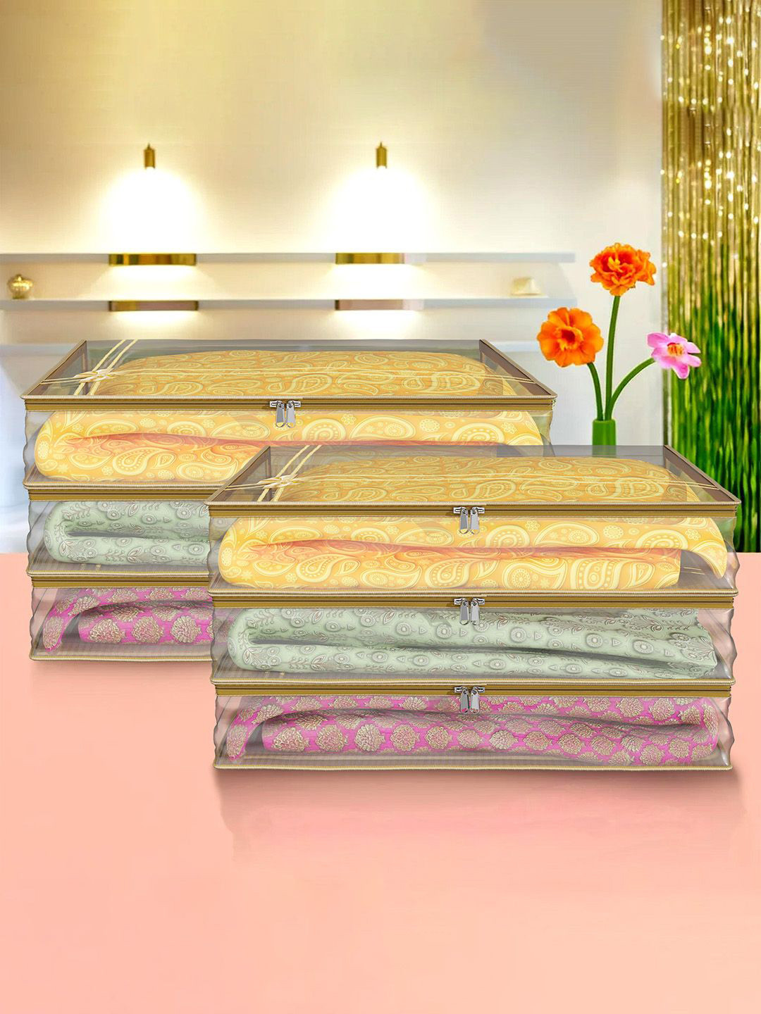 Kuber Industries Transparent & Gold-Toned 6 Pieces Lining Bow Multi-Utility Organisers