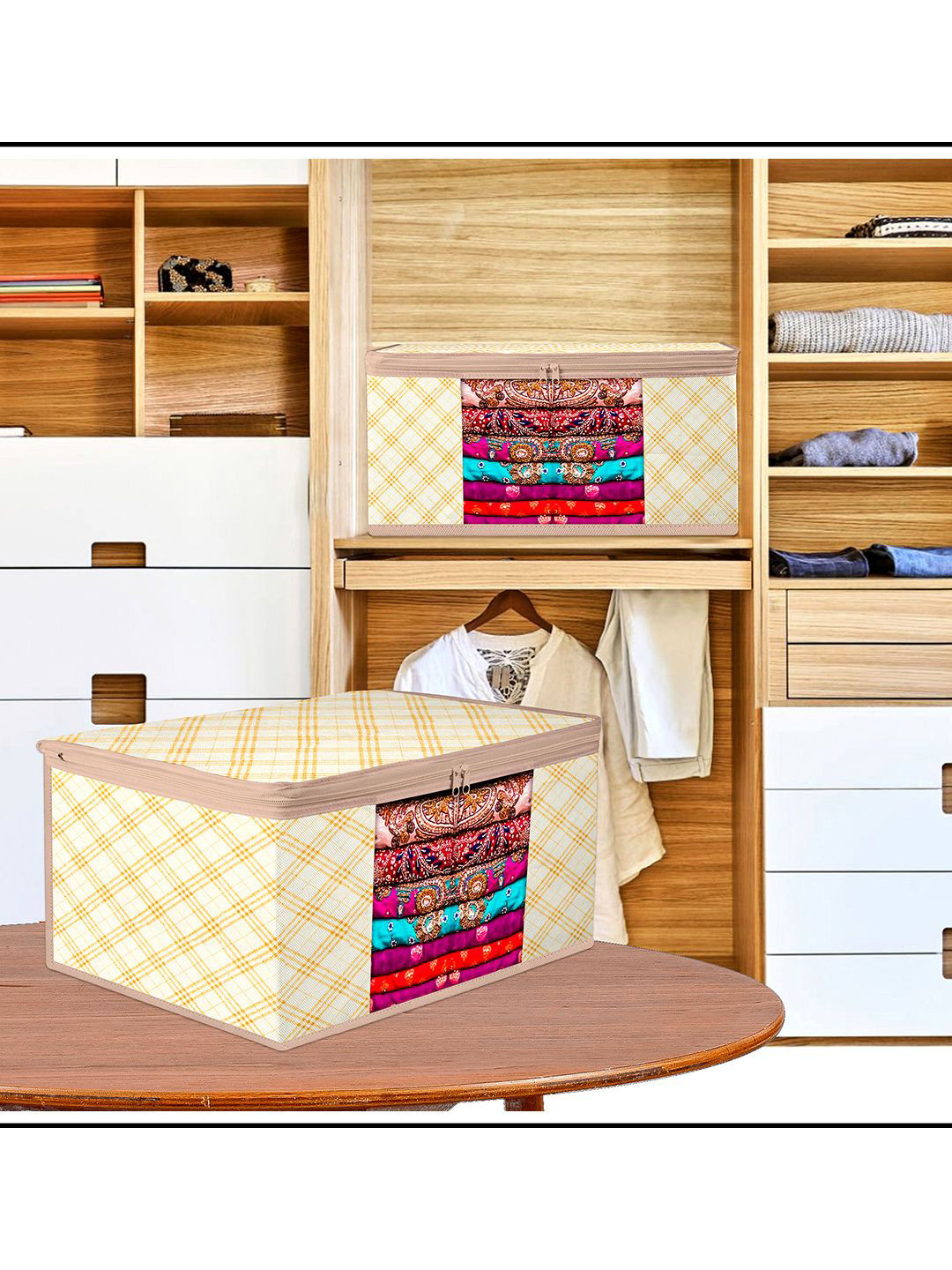 Kuber Industries Cream-Coloured & Yellow 3 Pieces Check-Design Multi-Utility Organisers