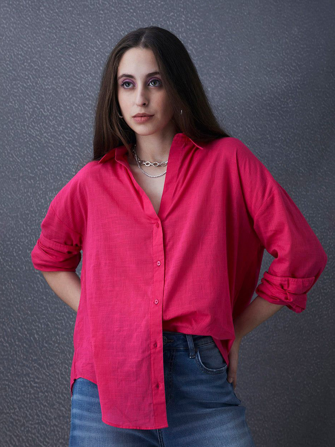 VOLTEDGE Women Cotton Solid Oversized Button Down Spread Collar Full Sleeves Casual Shirts