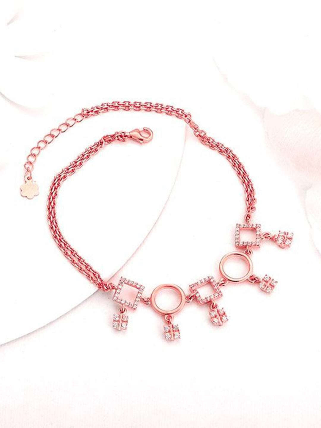 GIVA 925 Sterling Silver Rose Gold-Plated Stone Studded Geometric Anklet