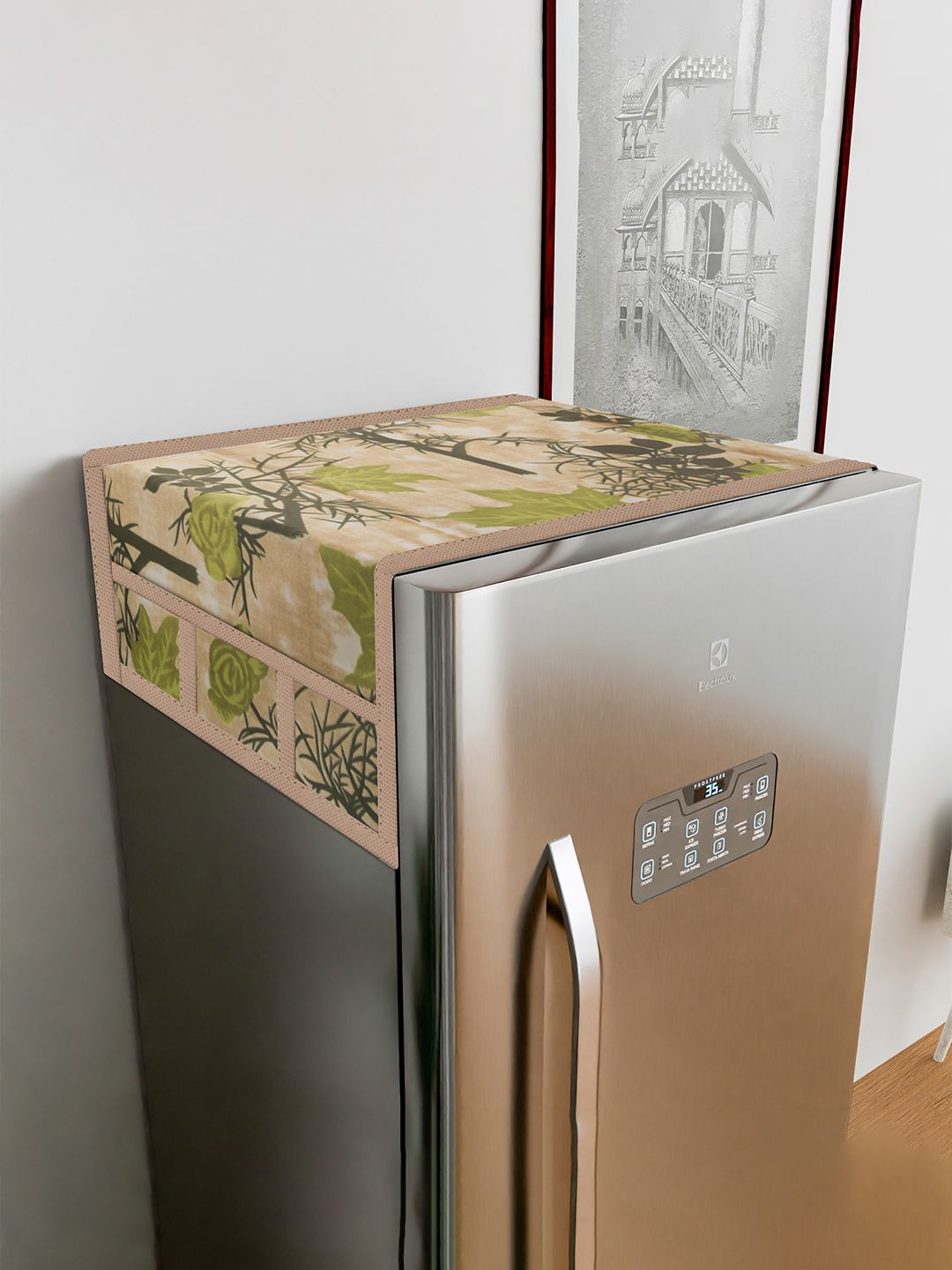 Kuber Industries Beige & Green Tree Kniting Printed Fridge Top Cover