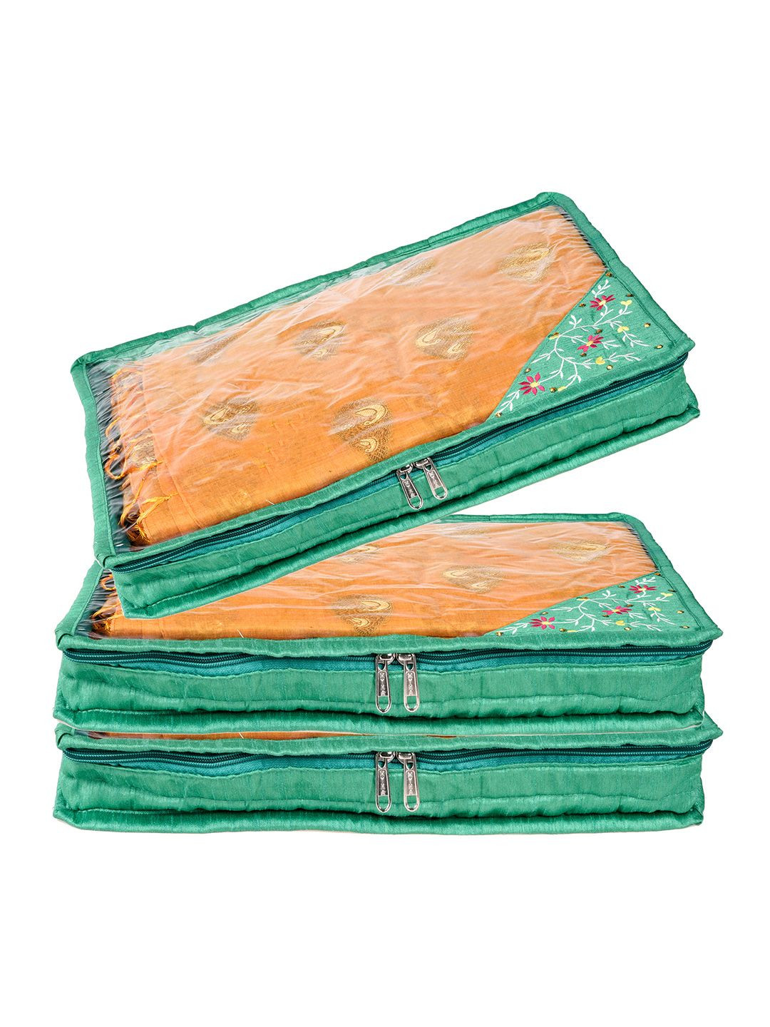 Kuber Industries Green & White 3 Pieces Embroidery Saree Cover With Zip