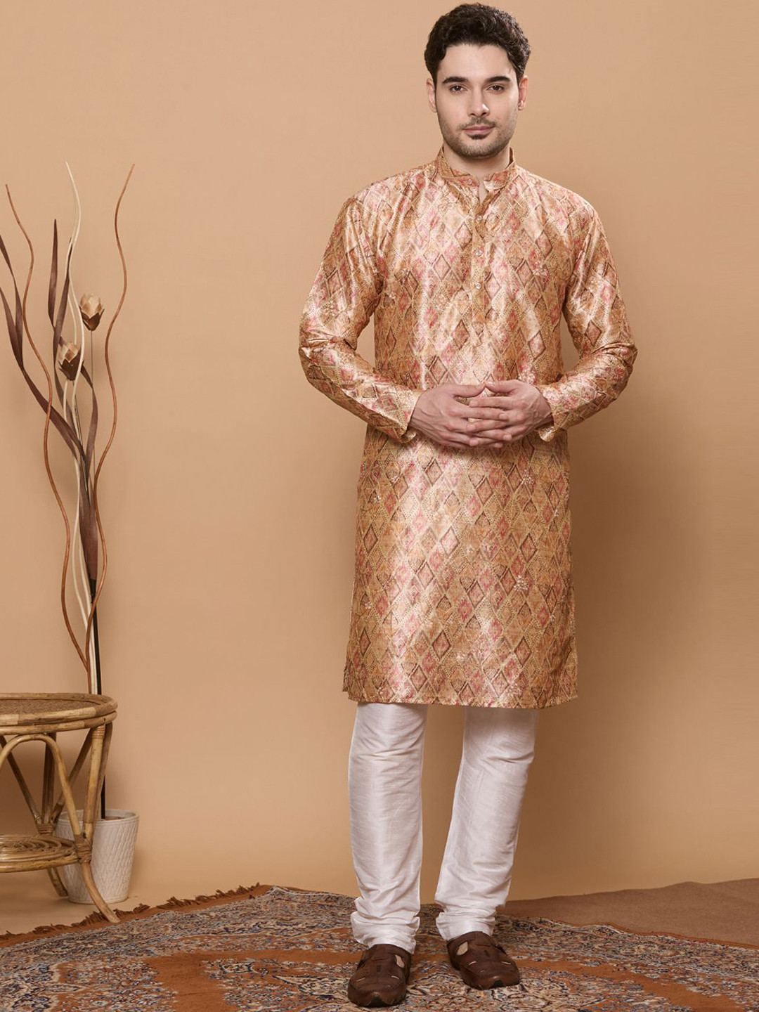 KOMPANION Floral Printed Thread Work Band Collar Straight Kurta