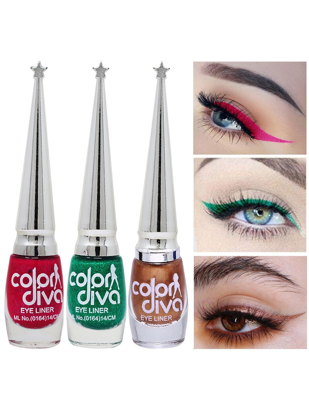 Color Diva Set Of 3 Water Resistant Shimmer Liquid Eyeliner - 6ml Each - Pink-Green-Copper