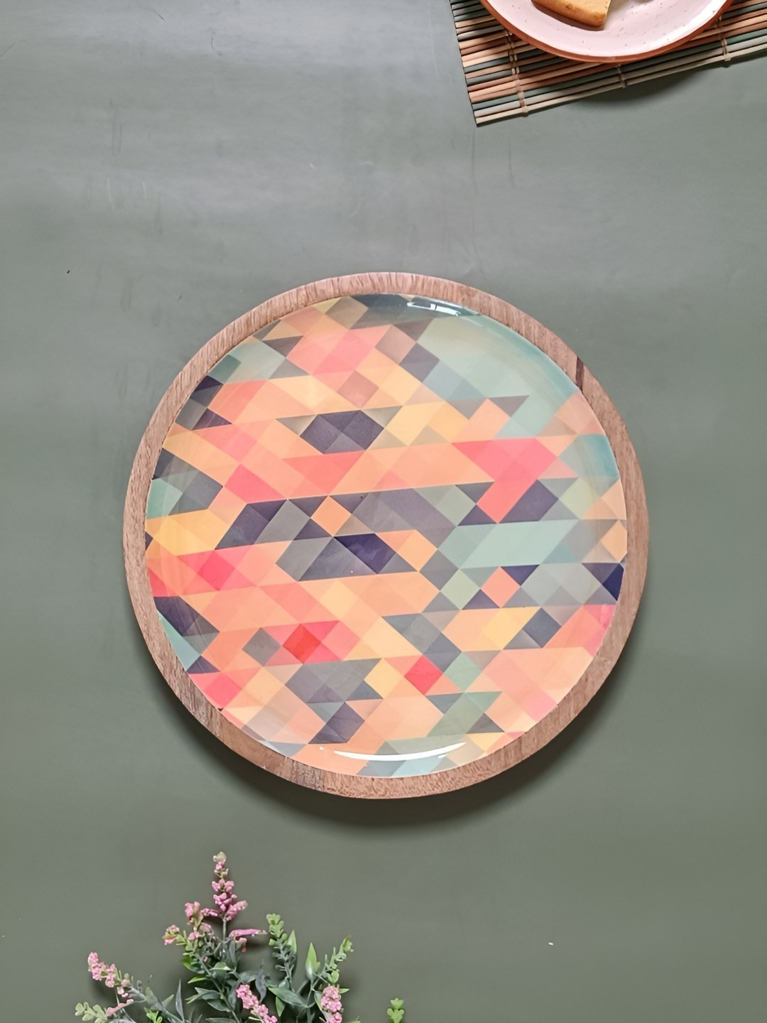 Myntra Elegant Homes Pink & Blue Wooden Hand-Painted Food Platter