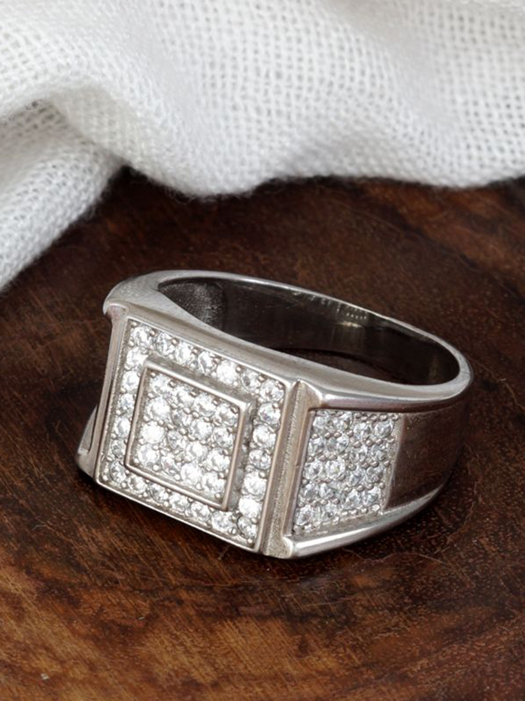 Tuanz Silver Jewelry Men 925 Sterling Silver Rhodium-Plated Cubic Zirconia-Studded Ring