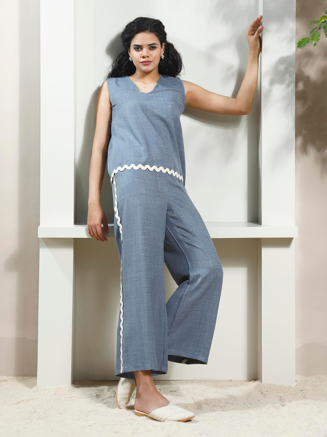 Boho By Athena V-Neck Linen Top With Trousers