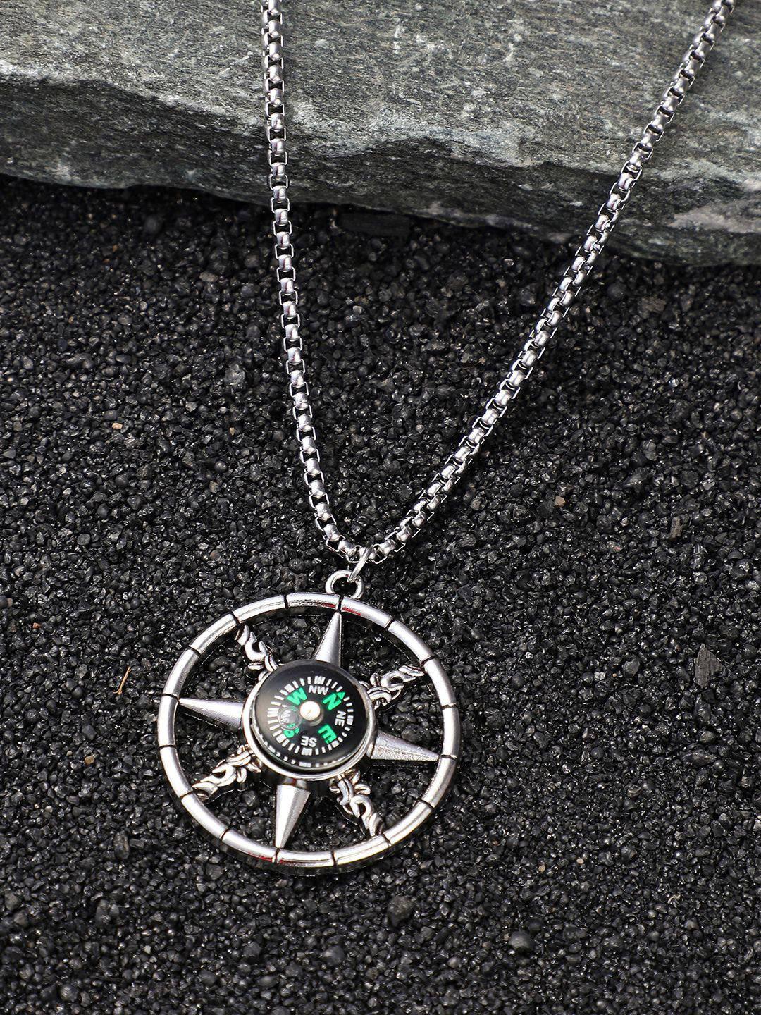 French Accent Men Silver-Plated Compass Pendant With Chain
