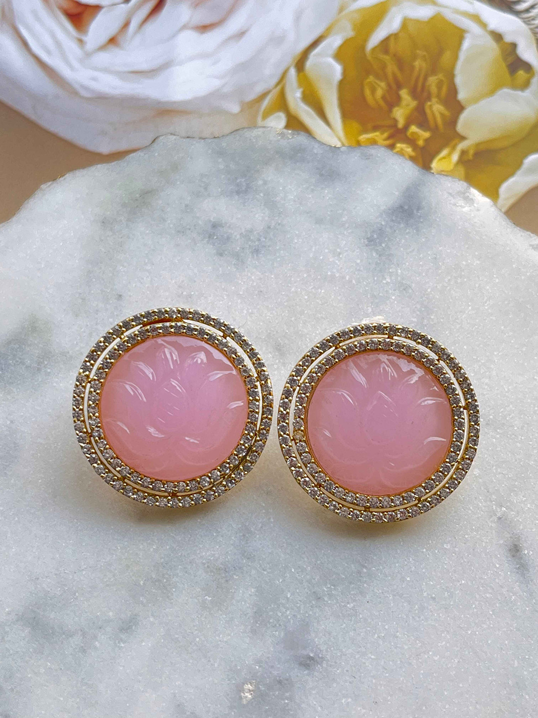 MNSH Brass-Plated Quartz Studded Circular Shaped Lotus Rose Studs