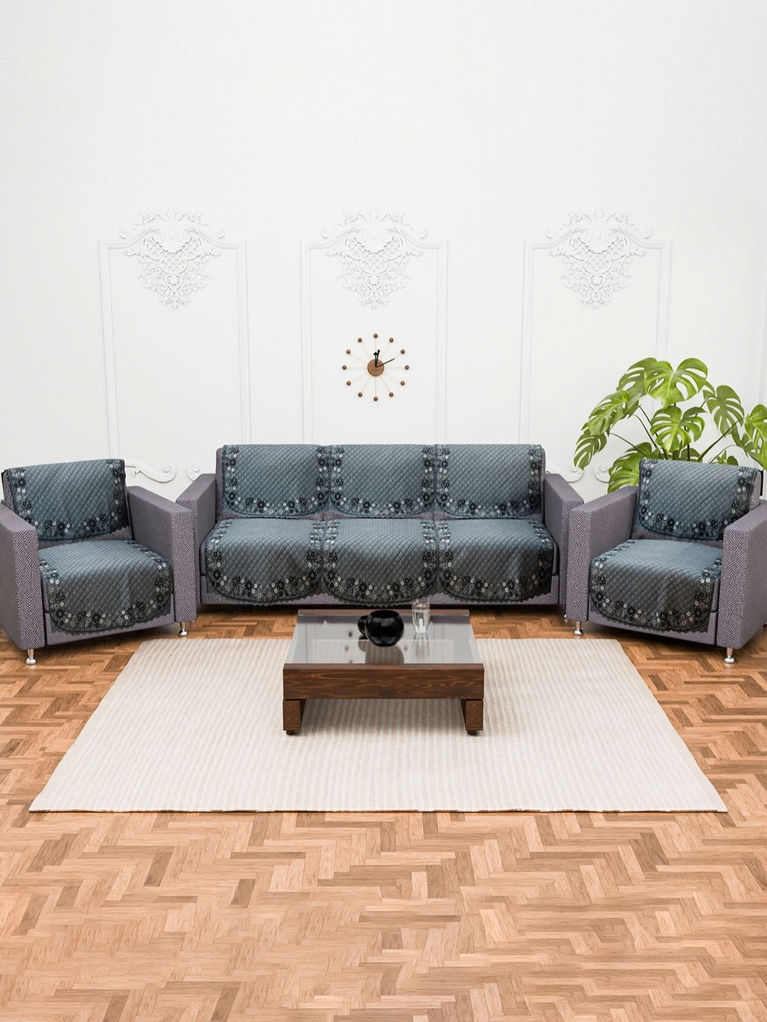 Aura Grey & White 10 Pieces Cotton 5 Seater Sofa Cover