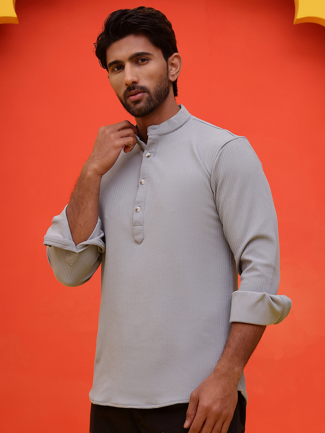 Jompers Striped Band Collar Long Roll-Up Sleeves Straight Kurta