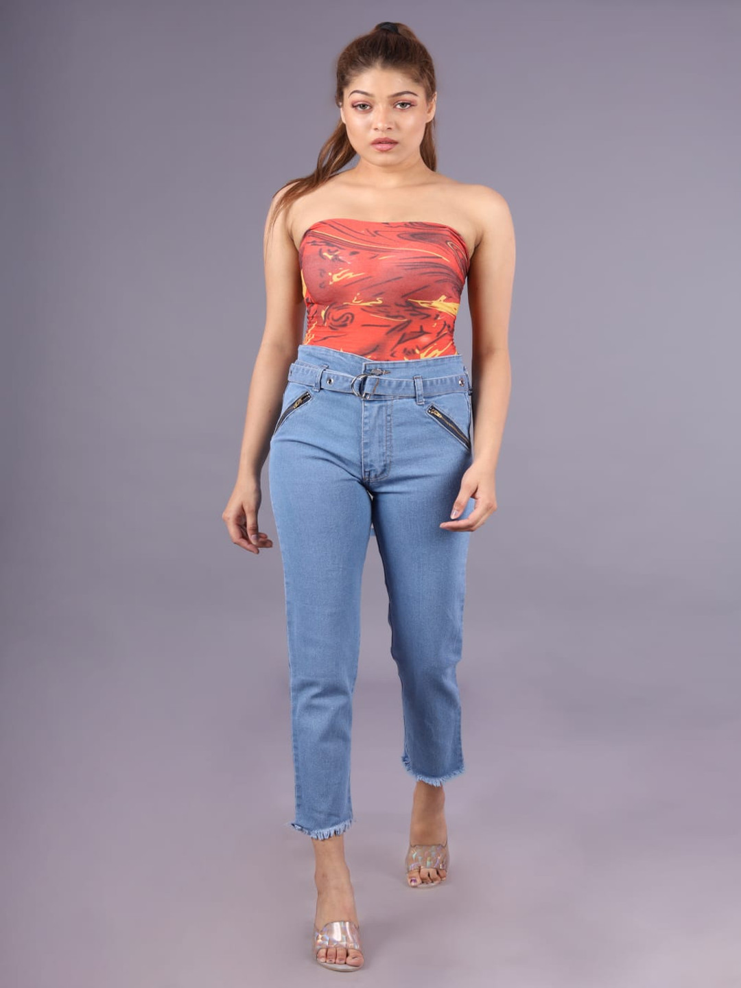 HIGH BUY Women Skin Tight Slim Fit High-Rise Slash Knee Jeans