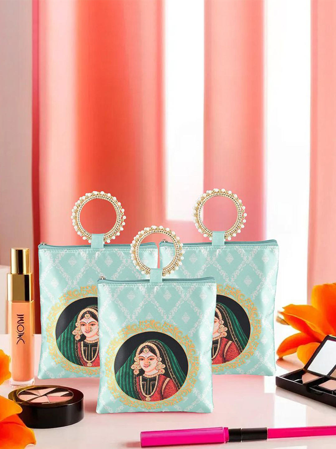 Kuber Industries 3 Pcs Silk Small Hand Bags for Women Printed Shopper Handheld Bag