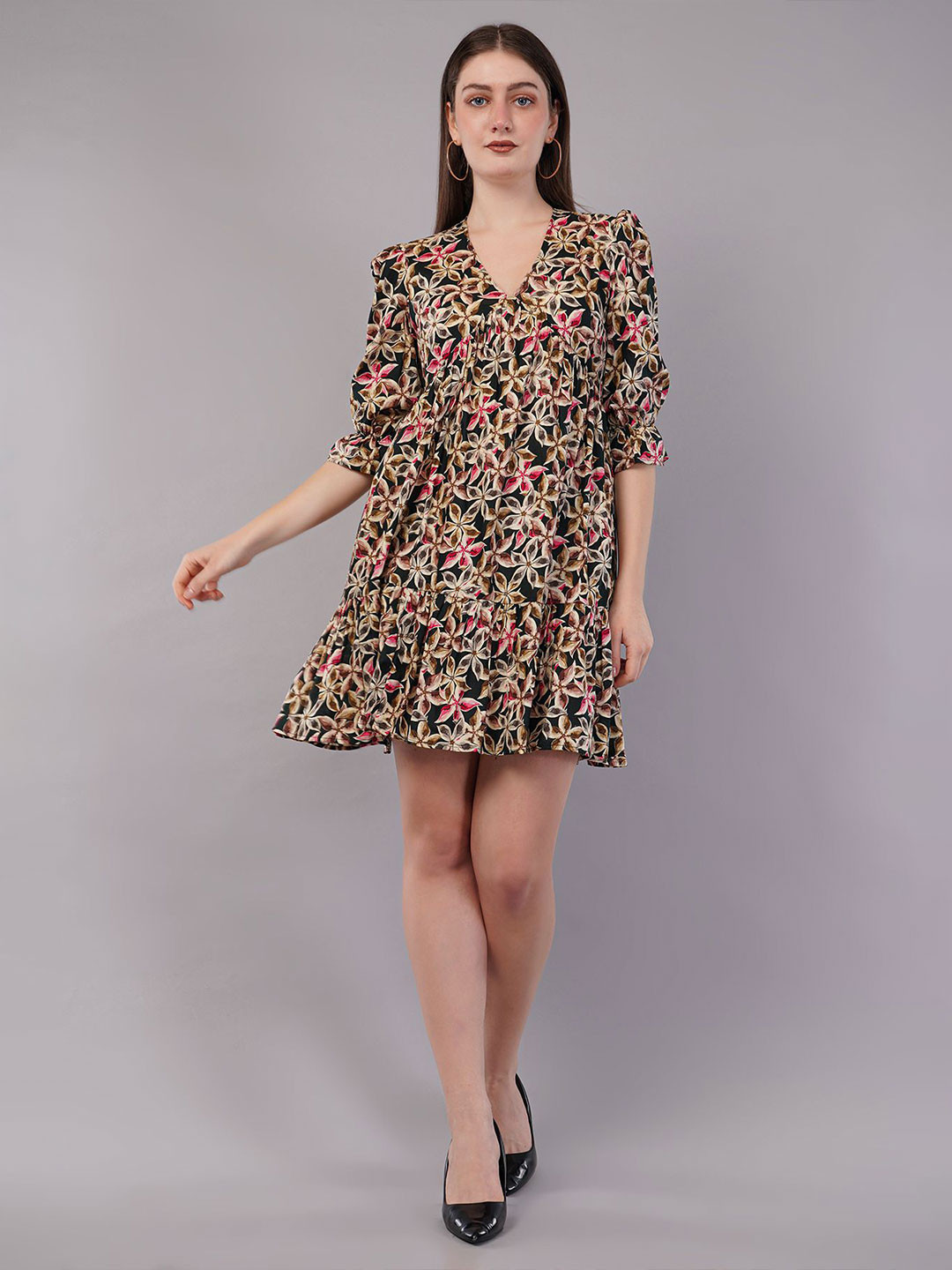 FLY STITCH Floral Print Puff Sleeve Fit & Flare Mini Dress