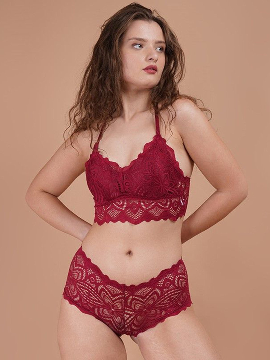 Lugo Self Design Lingerie Set Bra&Panty_8334_Single_Maroon_28