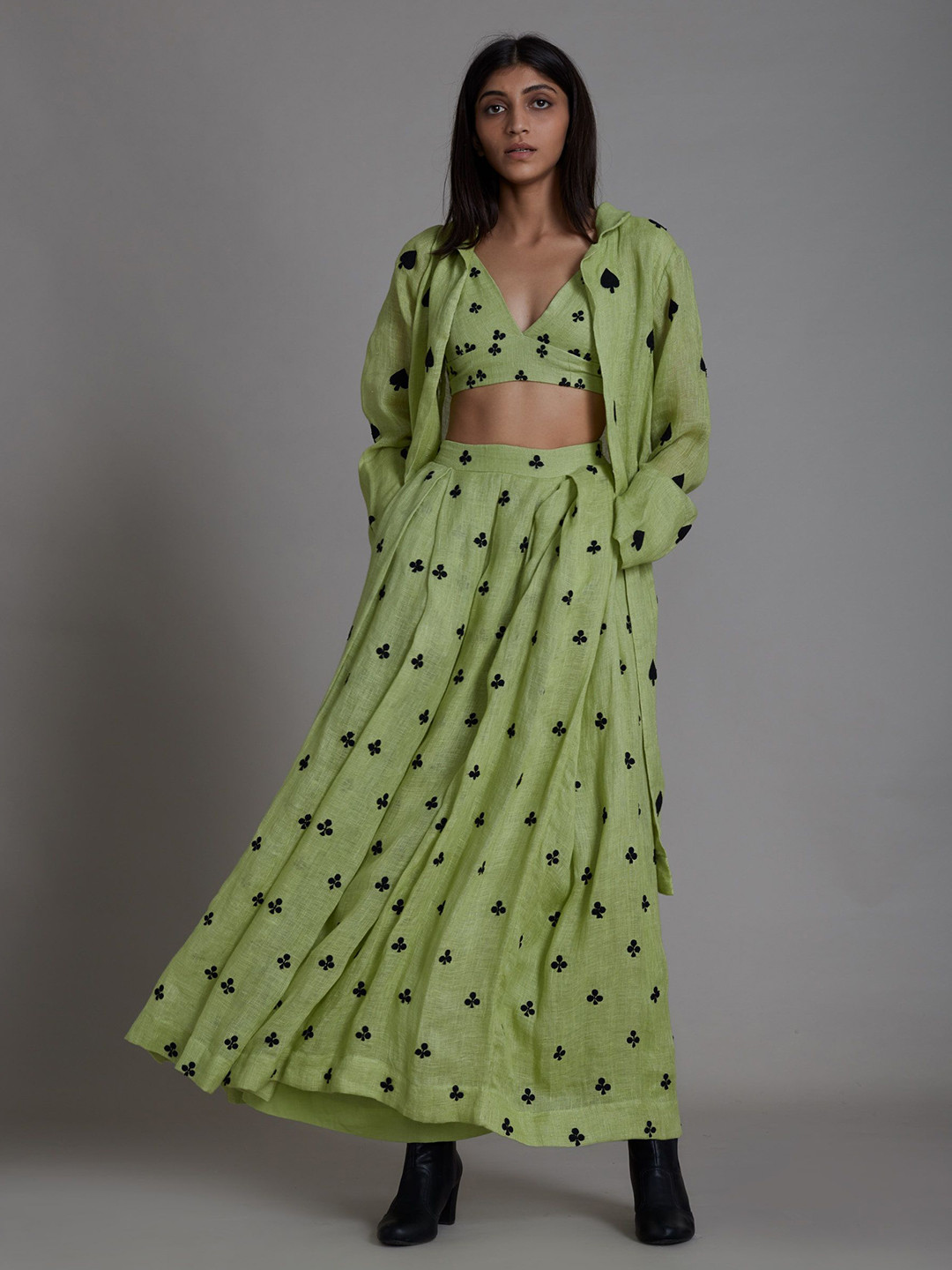 MATI Geometric Printed Plunge Neck Club Cotton Blouse With Lehenga & Jacket