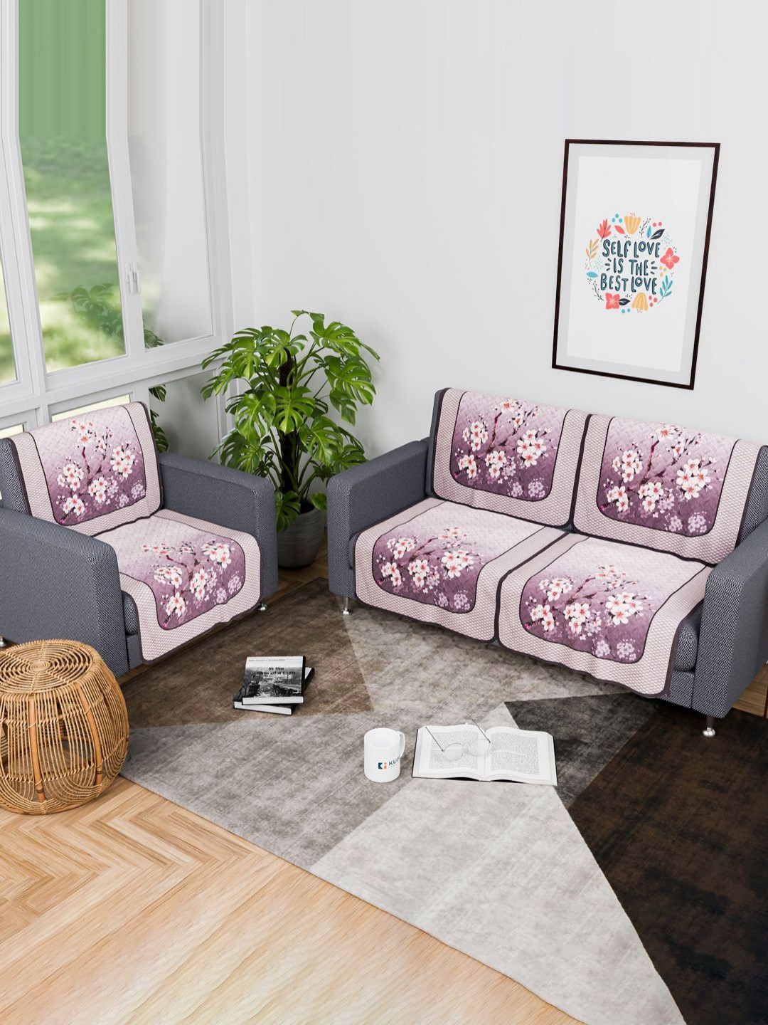 Aura Purple & Pink 4 Pieces Blaze Flower Print Cotton 2+1 Seater Sofa Cover