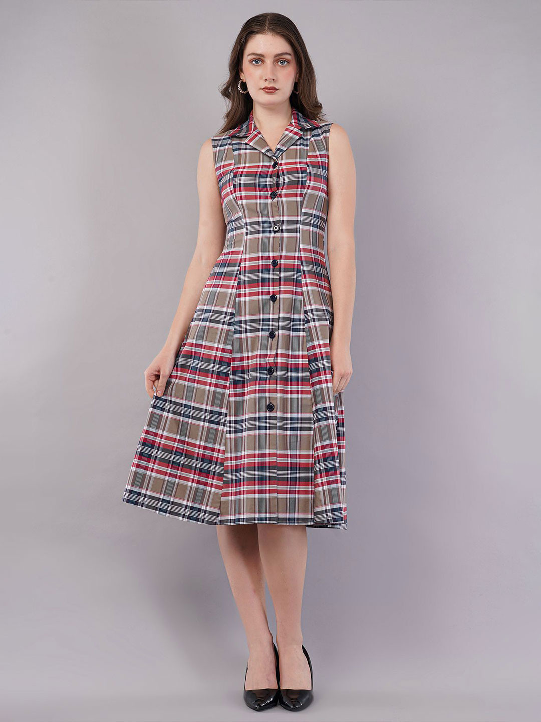 FLY STITCH Checked Fit & Flare Midi Dress