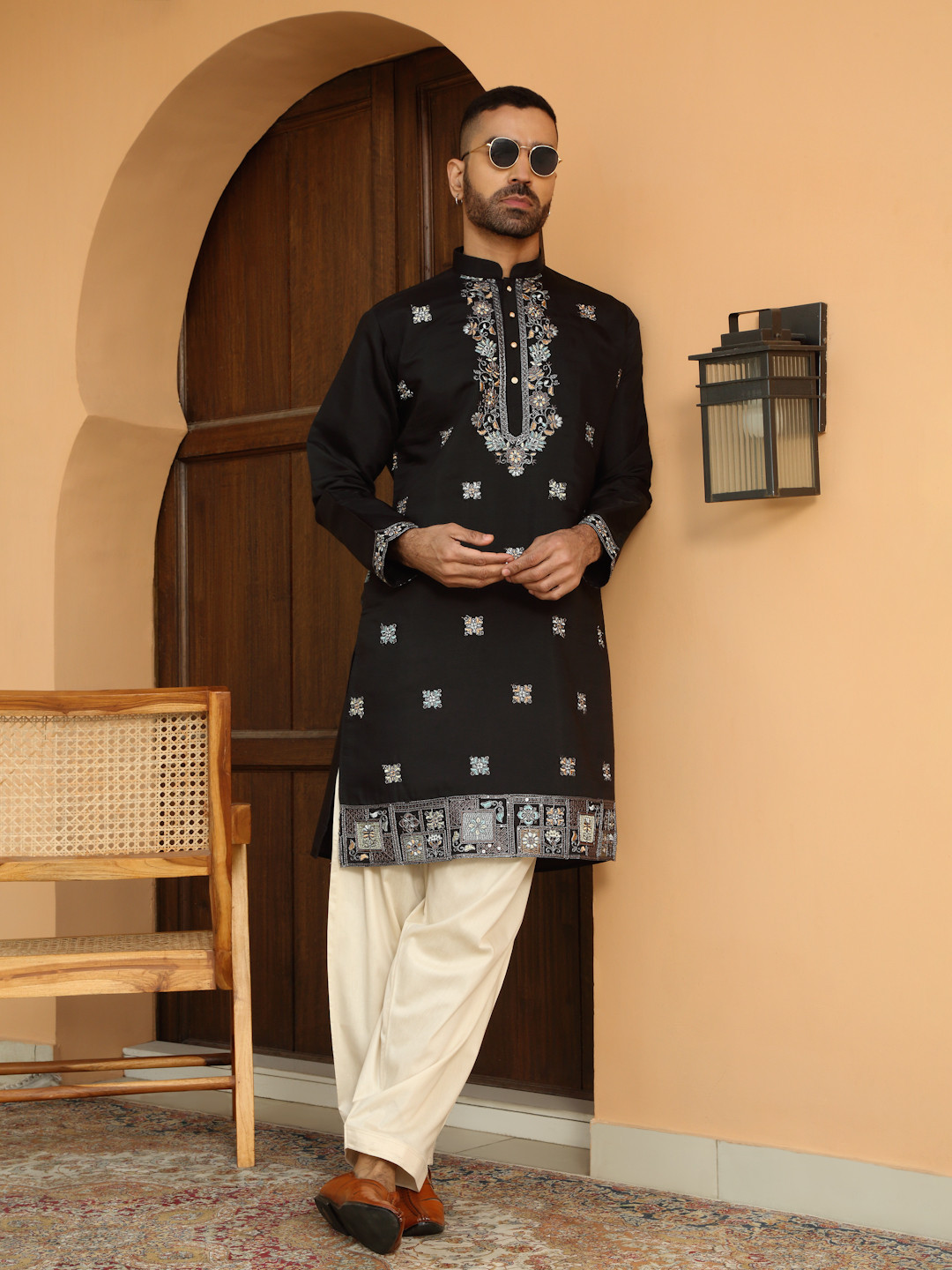KRAFT INDIA LUXE Floral Embroidered Yoke Design Thread Work Mandarin Collor Straight Kurta