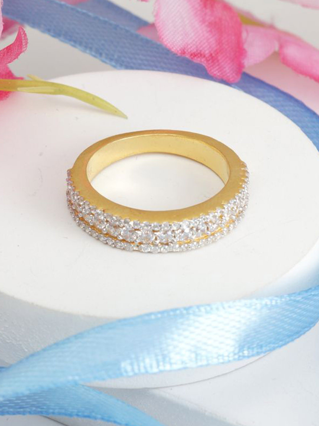 Tuanz Silver Jewelry 925 Sterling Silver Gold-Plated Cubic Zirconia-Studded Finger Ring