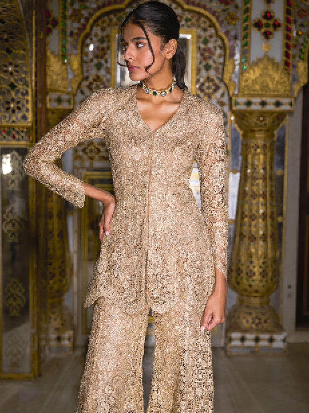 Dash and Dot Embroidered V-Neck Lace Peplum Co-Ord Set