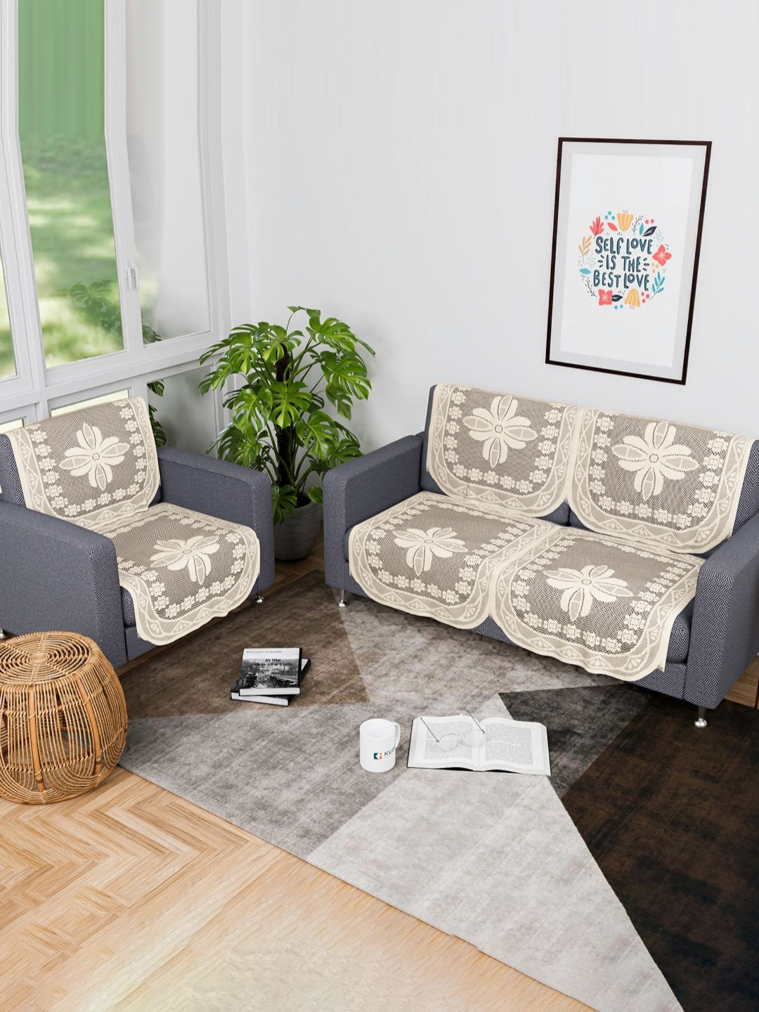 Aura 6 Pieces Cream Floral Printed Cotton Sofa Covers 2+1 Seater
