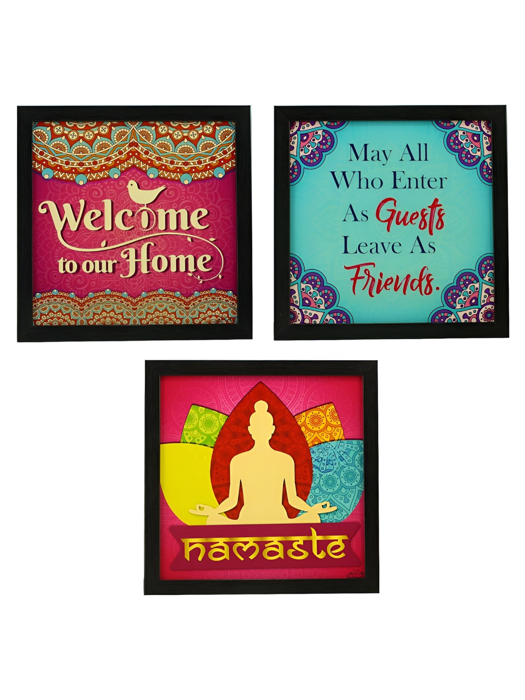 Indianara Pink Canvas 3 Pcs Wall Hallway Square Potrait Paintings Wall Art