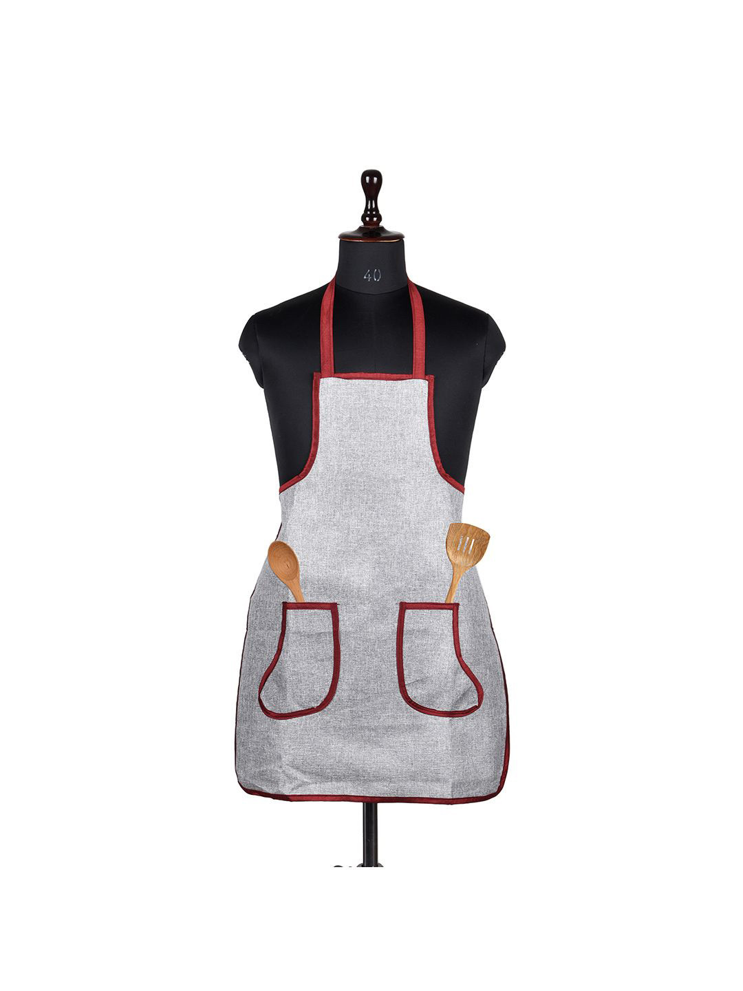 Kuber Industries Silver-toned and Red Jute 2 Front Pocket Kitchen Apron