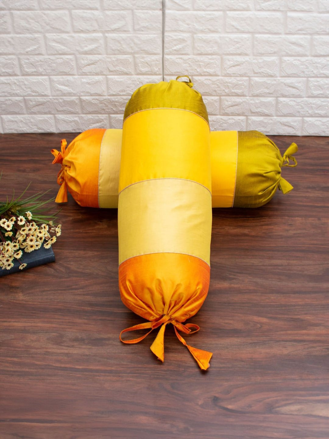 RoyalDeco Yellow & Green 2 Pieces Patchwork Silk Bolster Covers