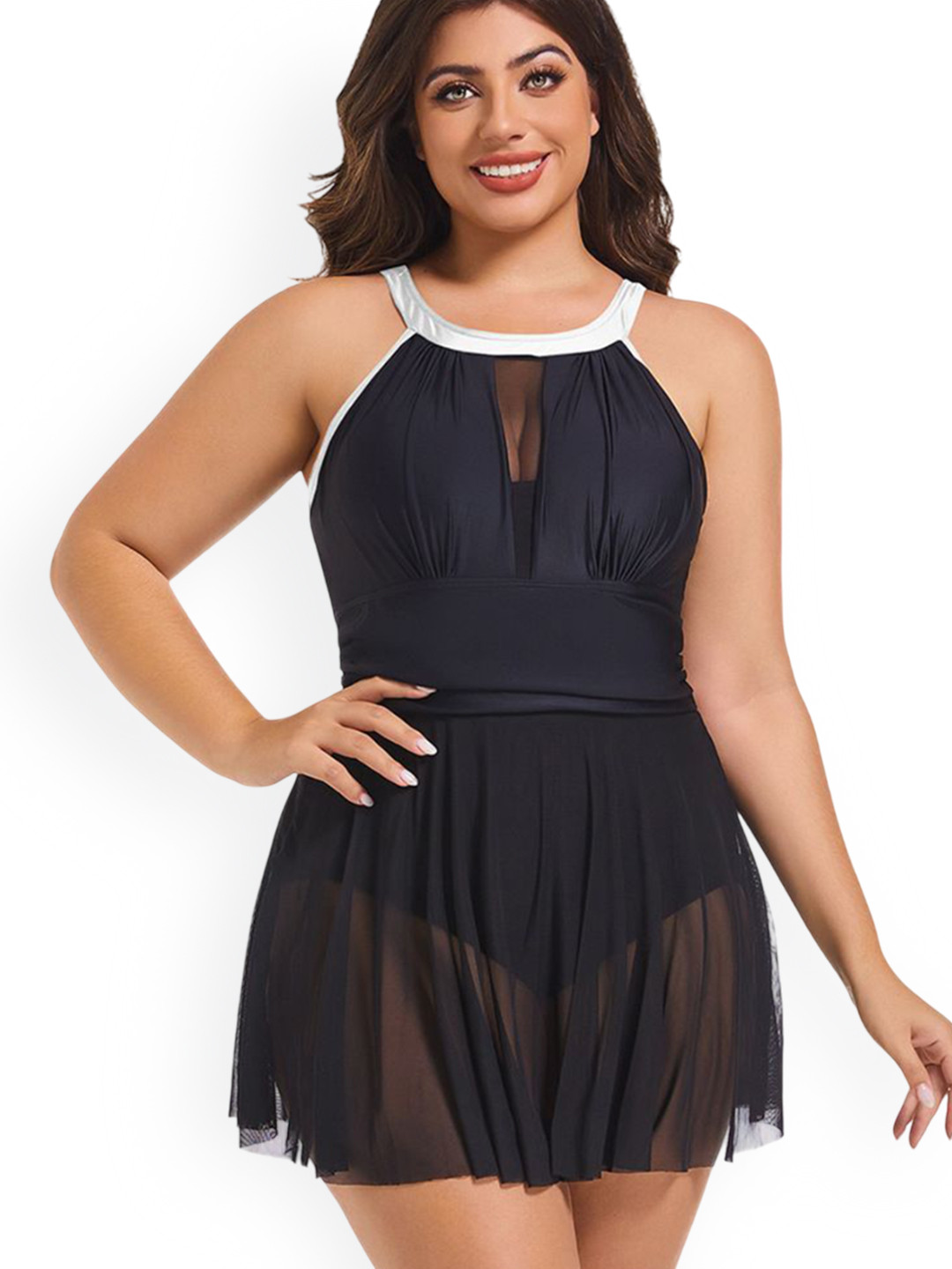 Plus Curvves One Piece High Neck Swimdress