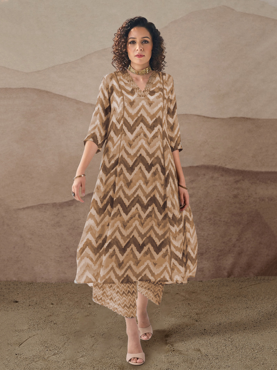 KALINI Chevron Printed V-Neck A-Line Kurta With Palazzos
