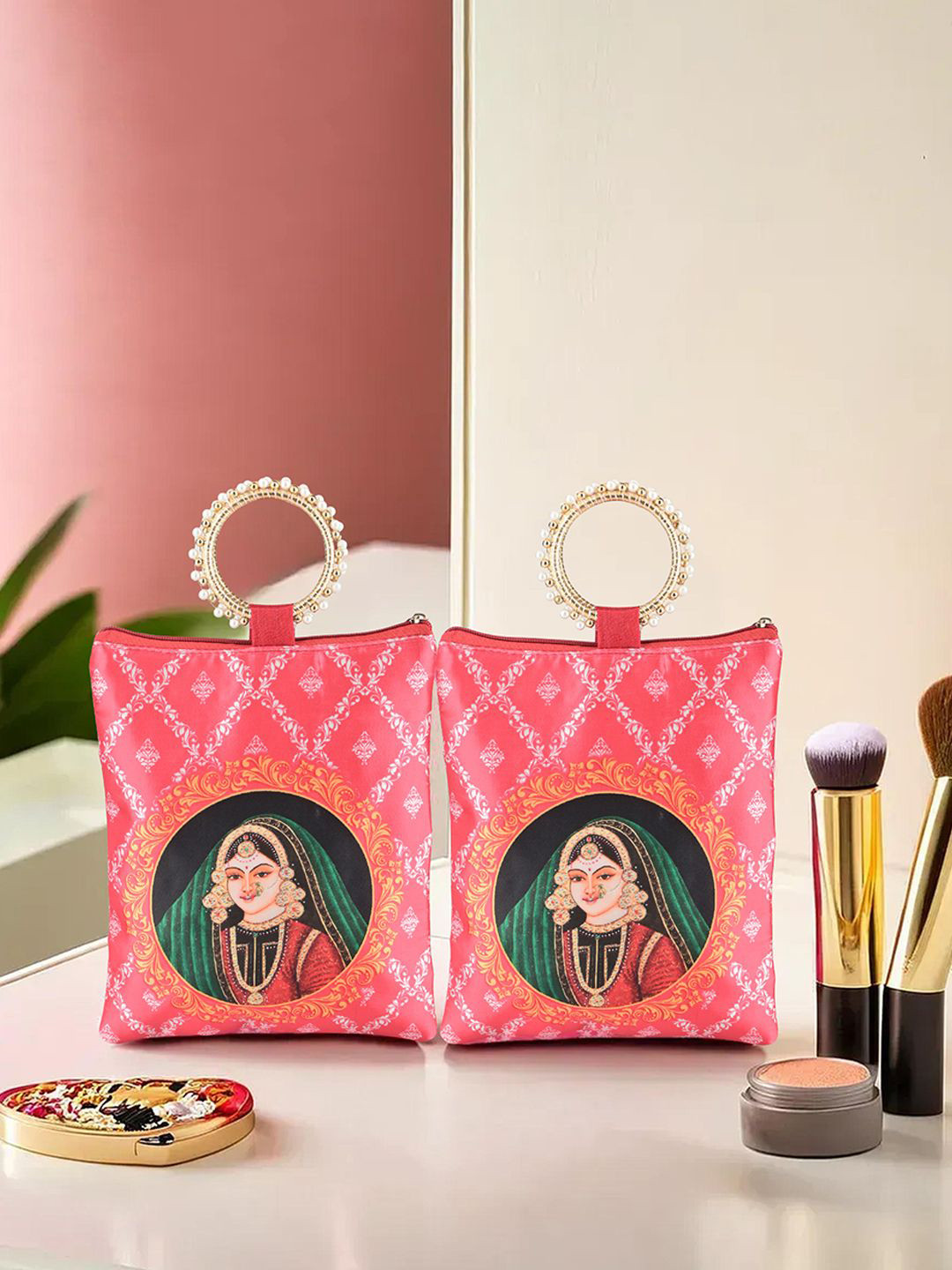 Kuber Industries 2 Pcs Silk Small Printed Shopper Handheld Bag with Quilted