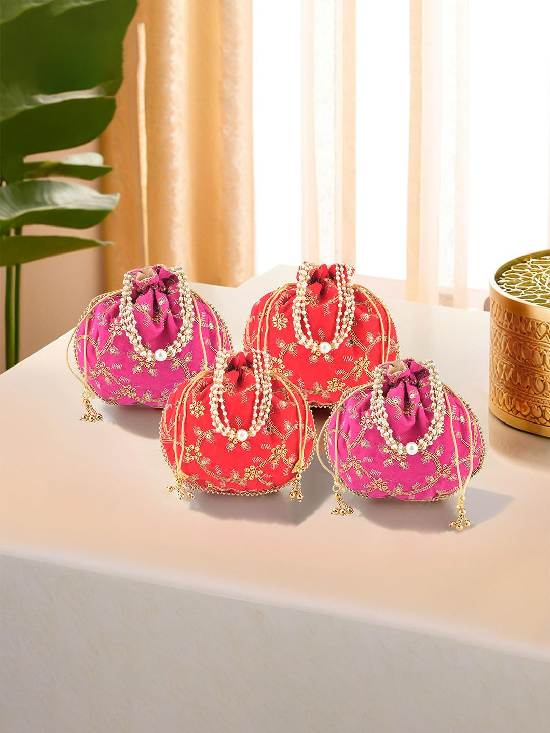 Kuber Industries 4 Pcs Polyester Potli Bags for Women Embroidered Potli Clutch