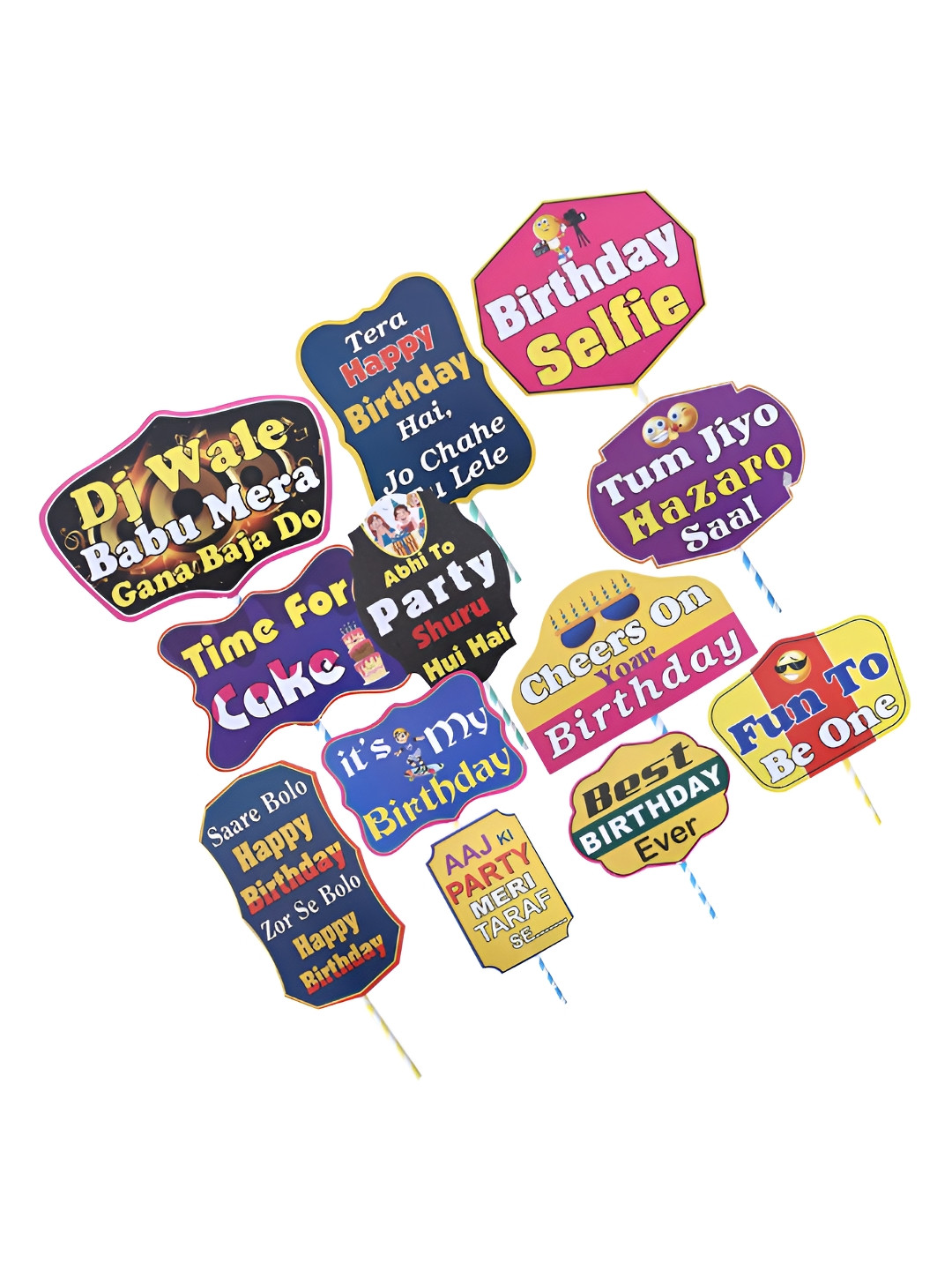 Kuber Industries Pink & Yellow 14 Pieces Printed Party Photo Props