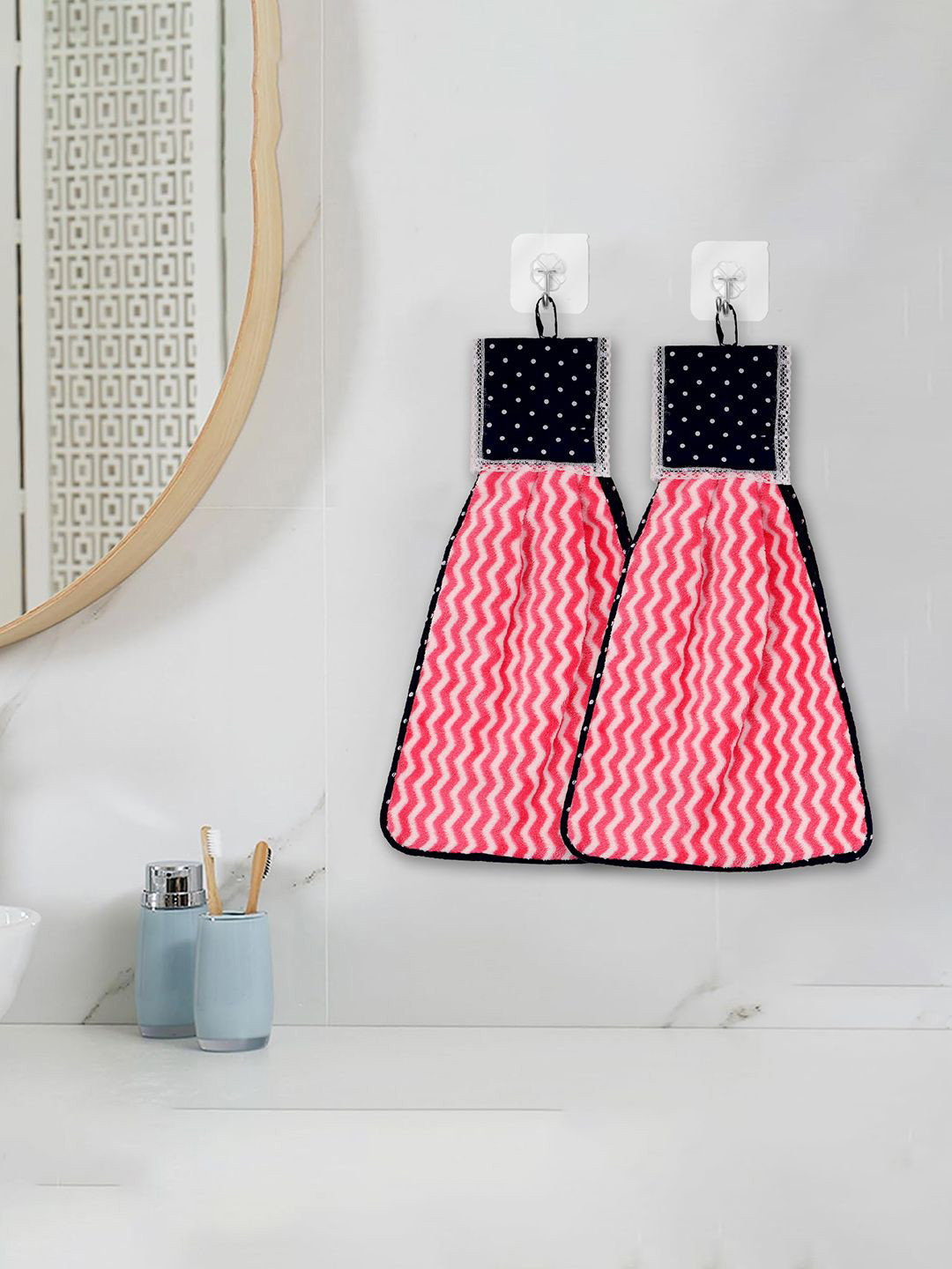 Kuber Industries Pink & White 2 Pieces Zig Zag Washbasin Hanging Kitchen Towel With Ties