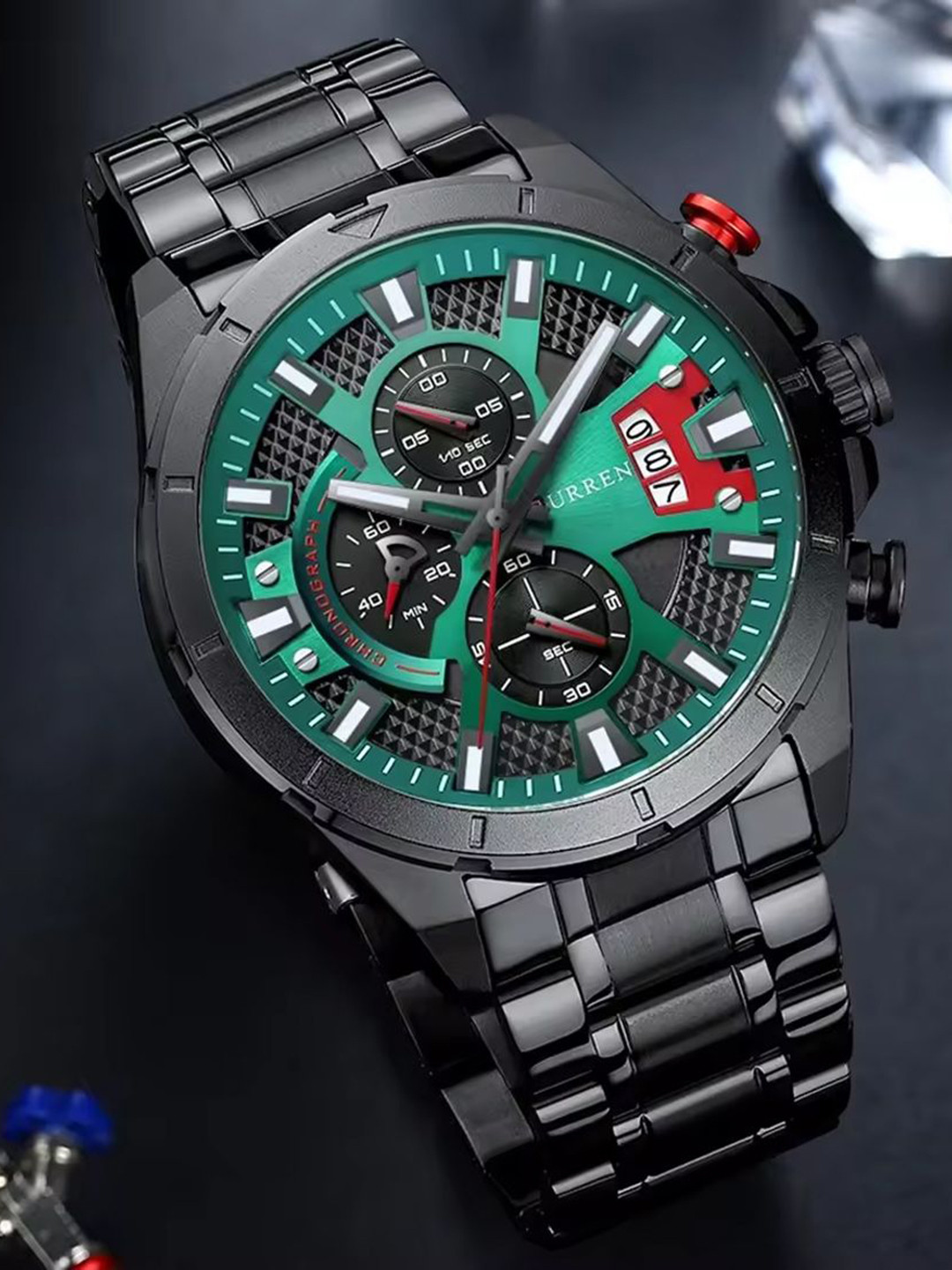 Curren Men Brass Dial & Stainless Steel Bracelet Style Straps Analogue Watch CR-8401-Black Green