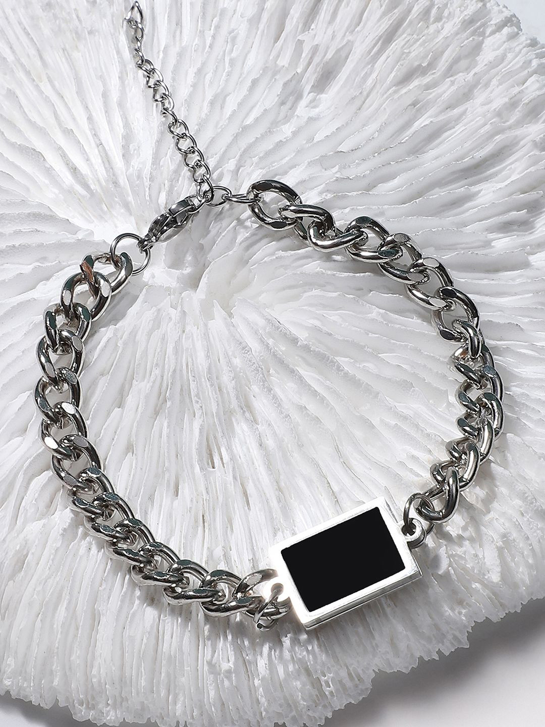 French Accent Men Silver-Plated Block Link Bracelet