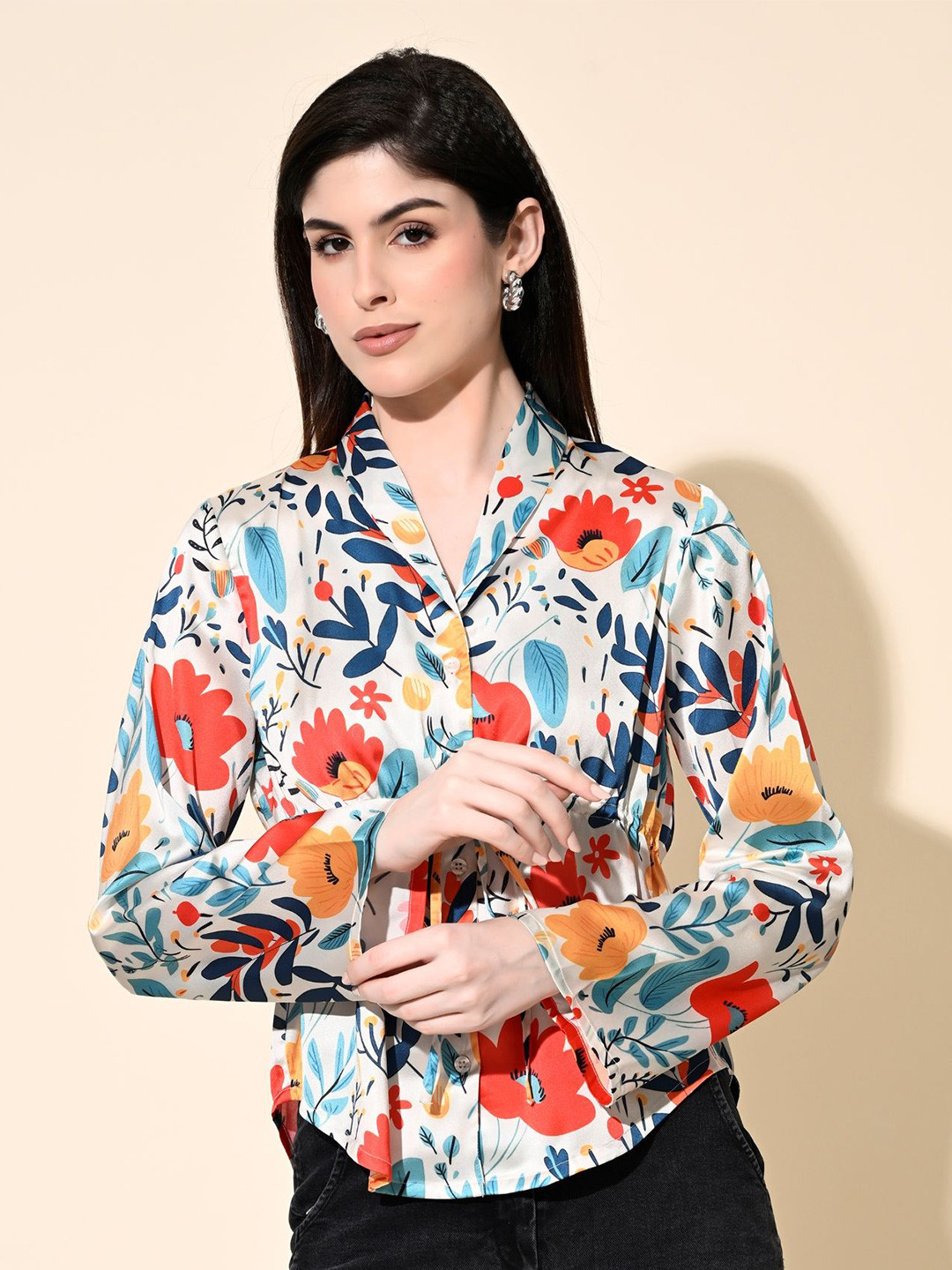 Fuchsia White Floral Print Bell Sleeve Shirt Style Top