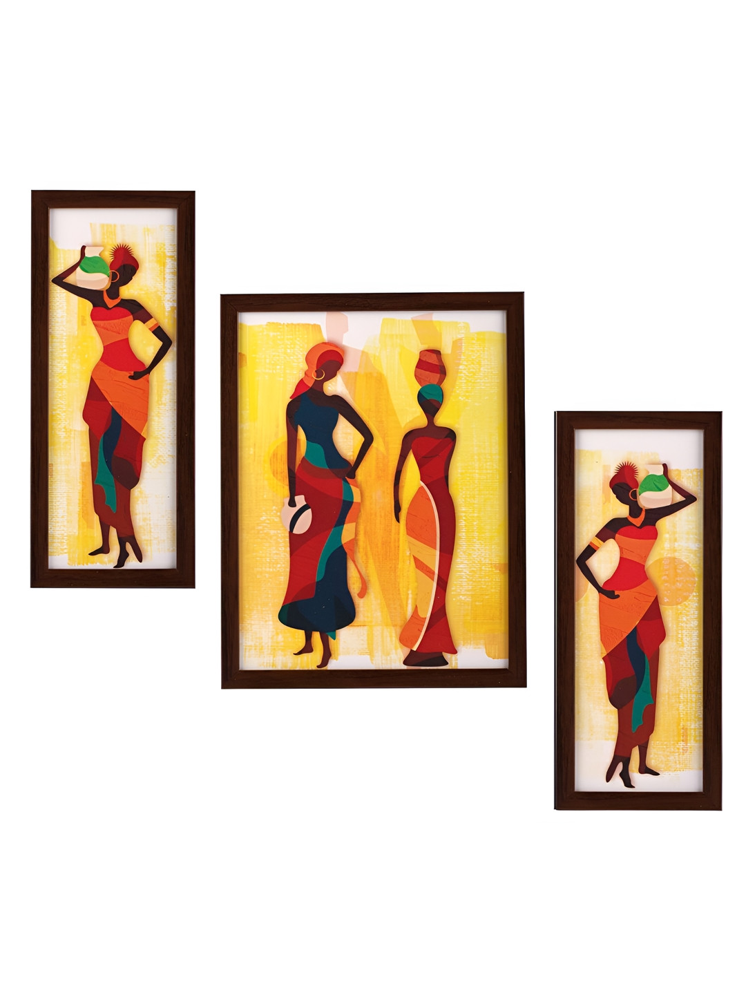 Indianara Yellow & Red 3 Piece Wood Abstract Wall Paintings
