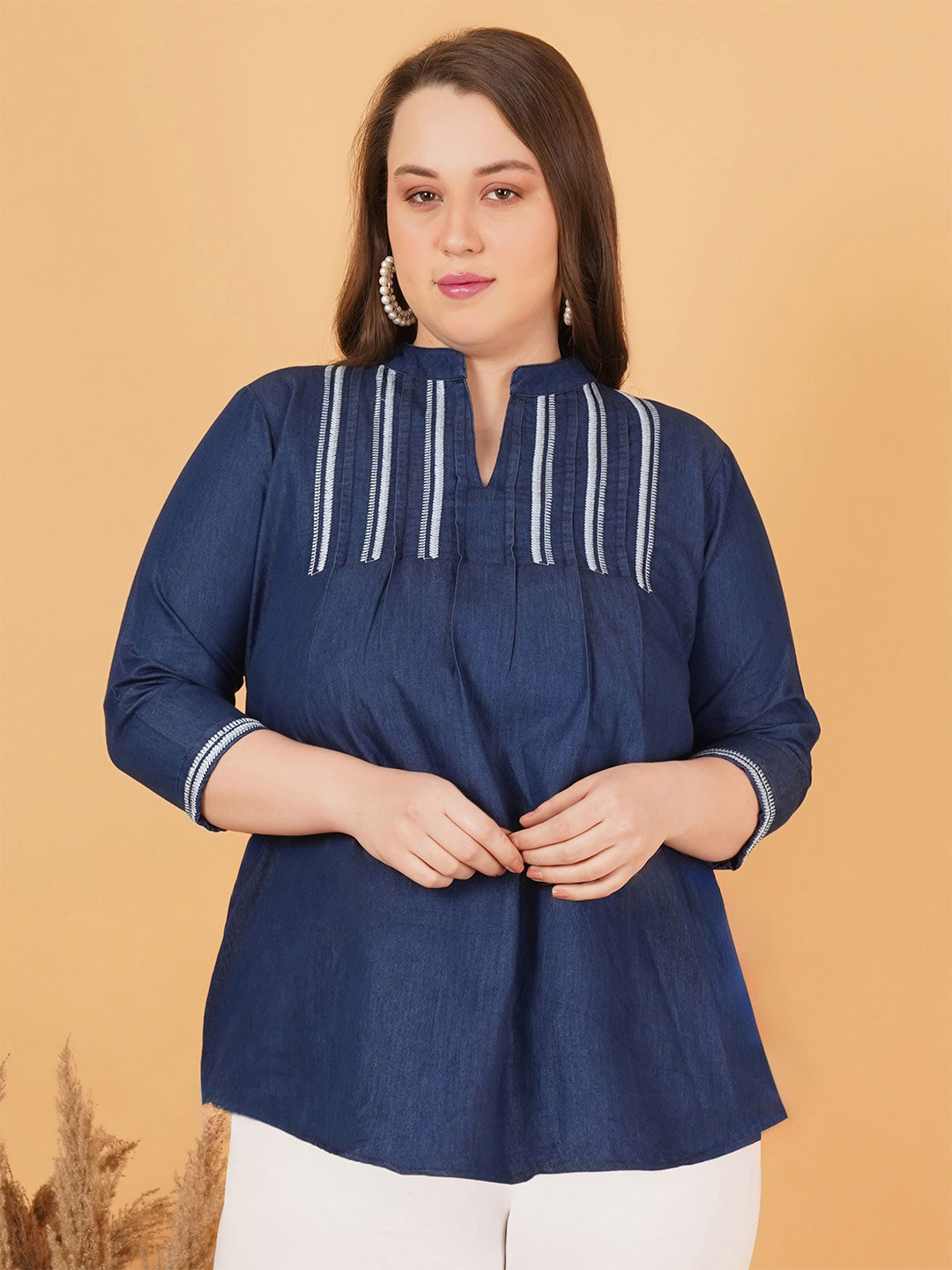 Indietoga Women Plus Size Embroidered Mandarin Collar Denim Tunic