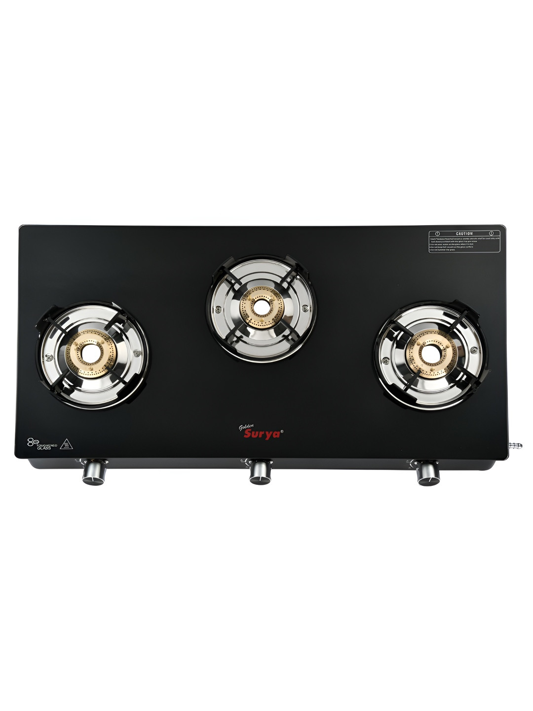 GOLDEN SURYA Black 3 Burners Glass Manual LPG Gas Stove