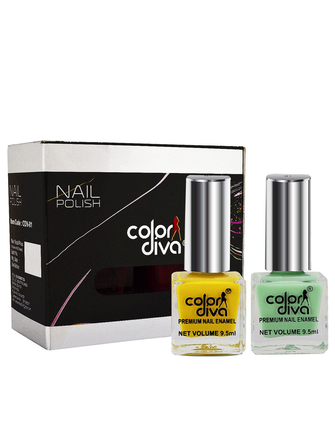 Color Diva Set Of 2 Long Lasting Nail Enamel - 9.5 ml Each - Pastel Green & Yellow