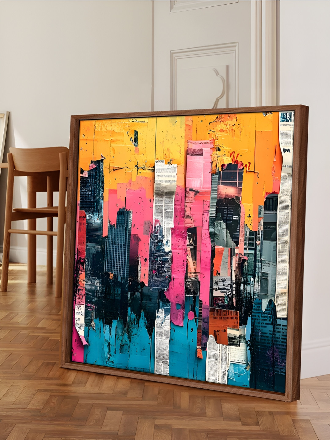 Myntra Elegant Homes Yellow & Blue Abstract Printed City Views Canvas Wall Art