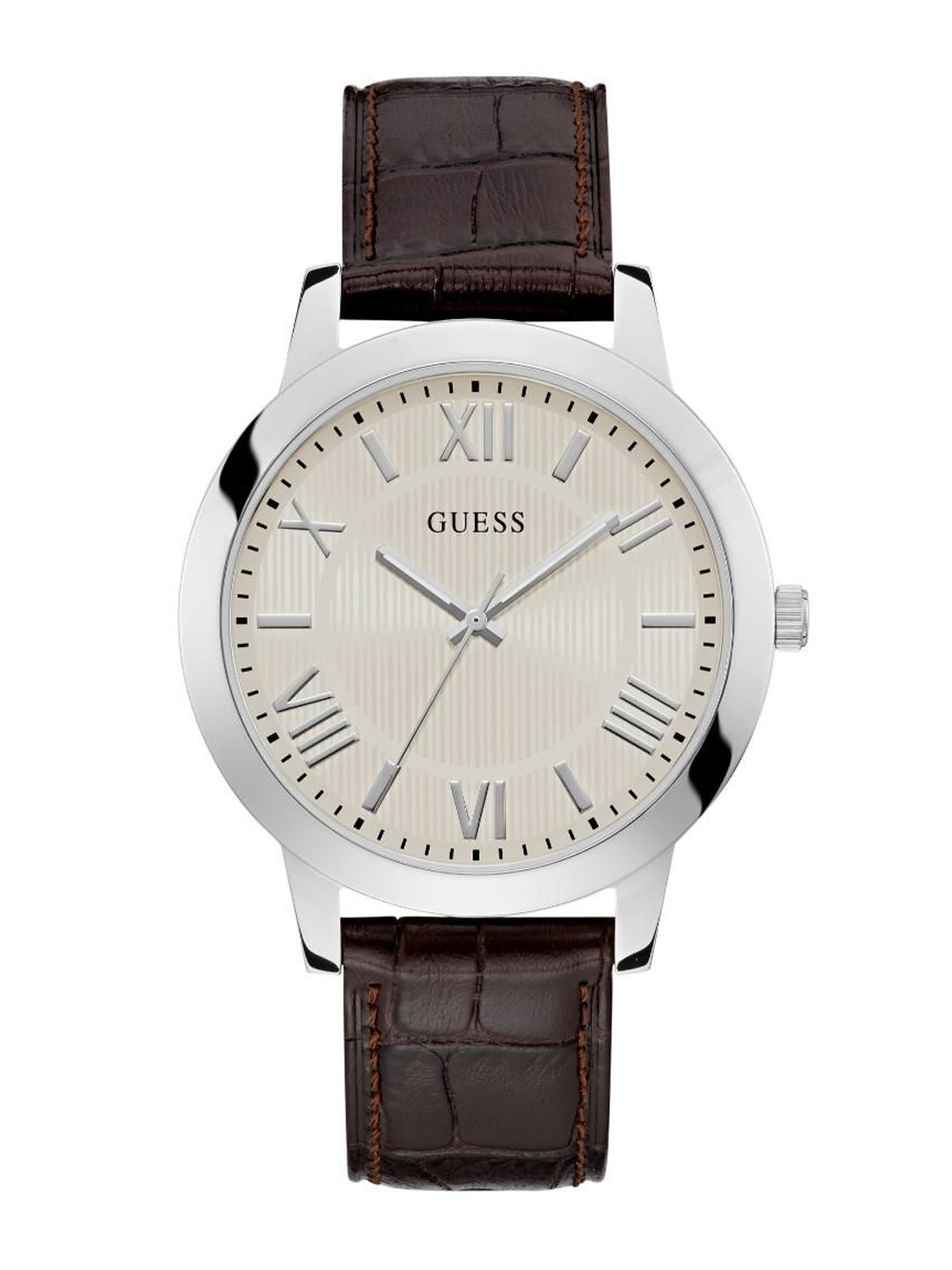 GUESS Men Brass Dial & Leather Textured Straps Analogue Watch U1453G1M