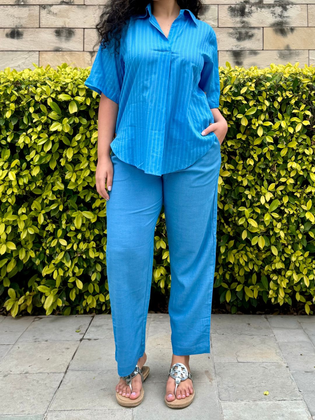 Minimul Pondi Mulmul Linen Shirt Collar Tunic With Trousers Co-ord Set