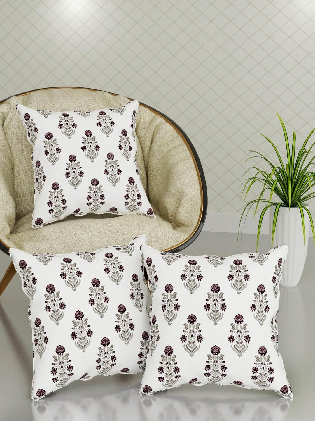 Trance Home Linen Floral Cotton 3 Pcs Square Cushion Covers - 11.8 x 11.8 In