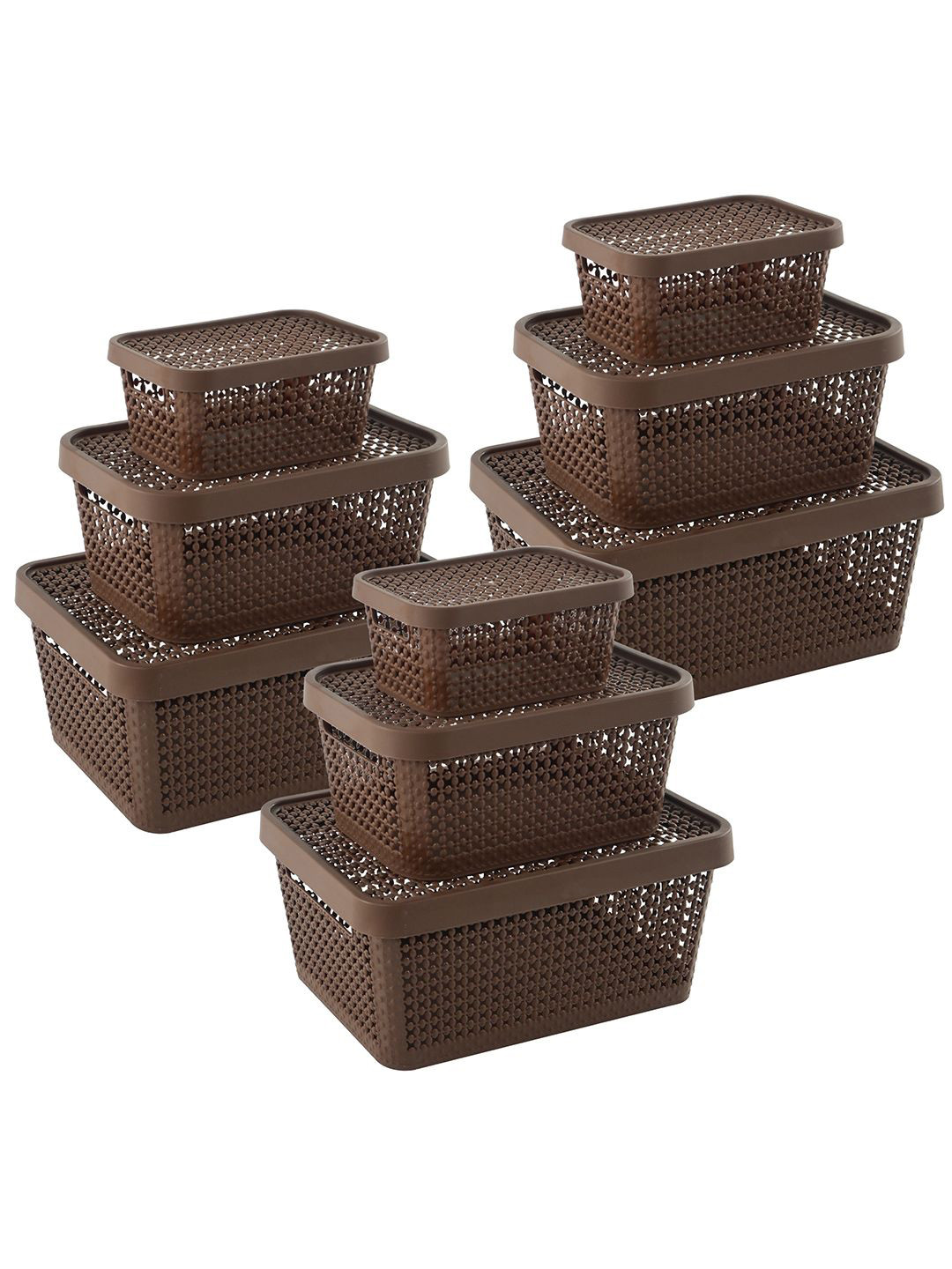 Kuber Industries Brown Set of 9 Stackable Plastic Regular Tote Storage Basket Organisers